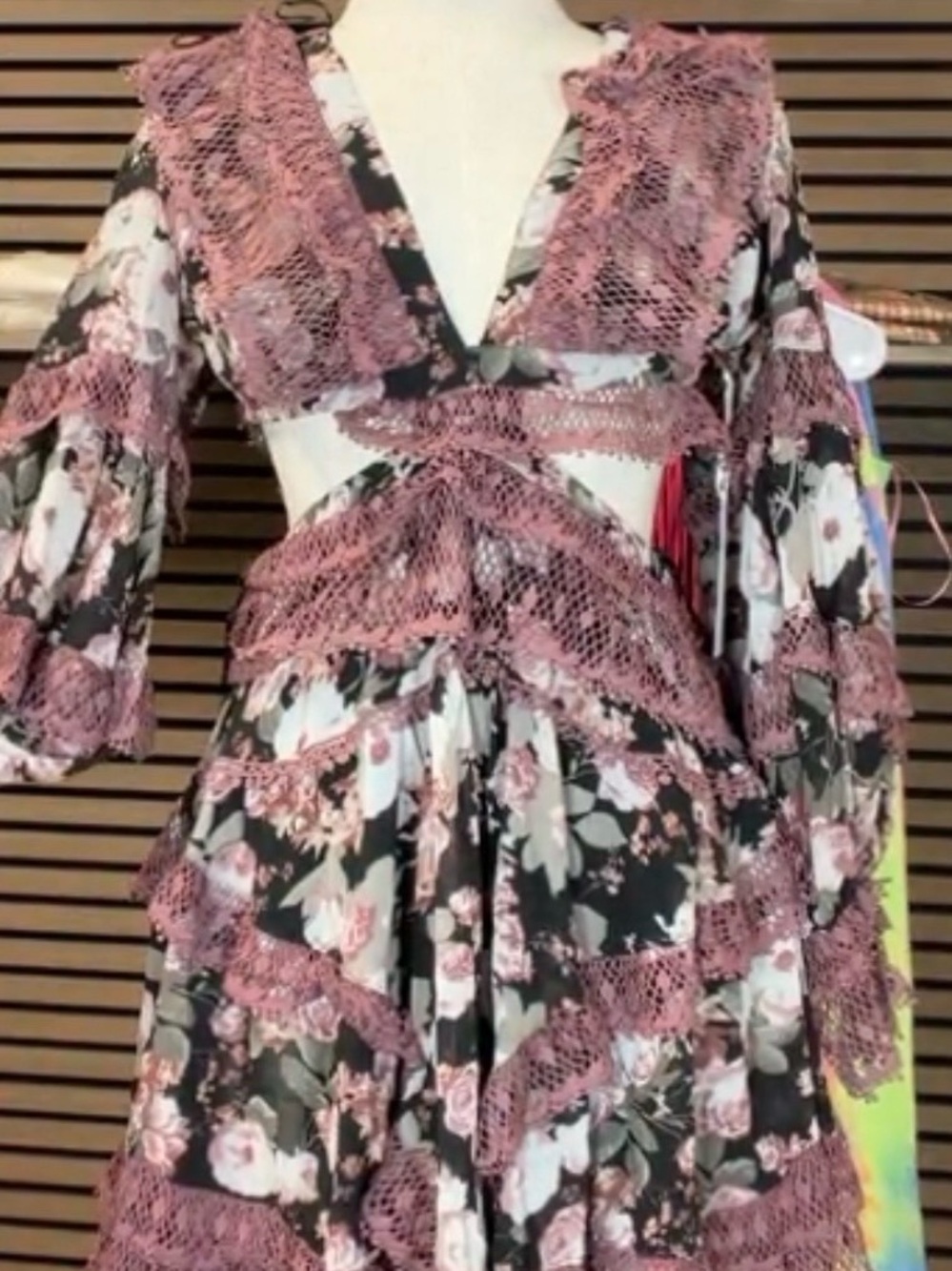 Floral Lace-Trim Peplum Dress in Dusty Rose and Black with Crisscross Back. NWOT